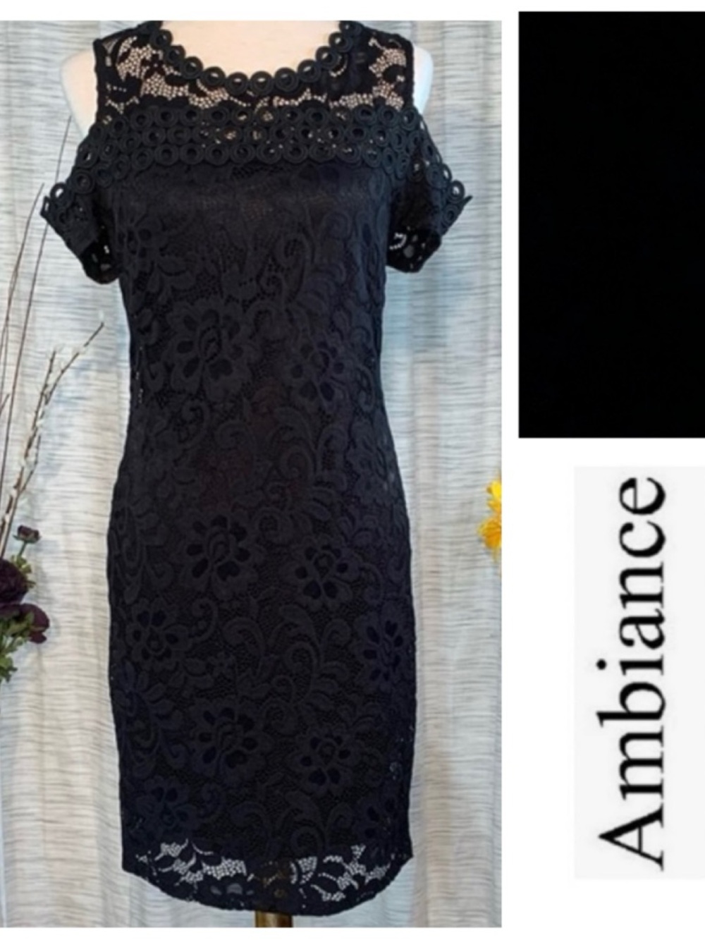 Ambiance black floral lace cold shoulder sheath dress.